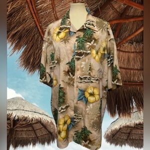 Vintage 1990s KOMAN Sport Hawaiian Shirt Windsurfer Palm Tree Hibiscus Waves XXL